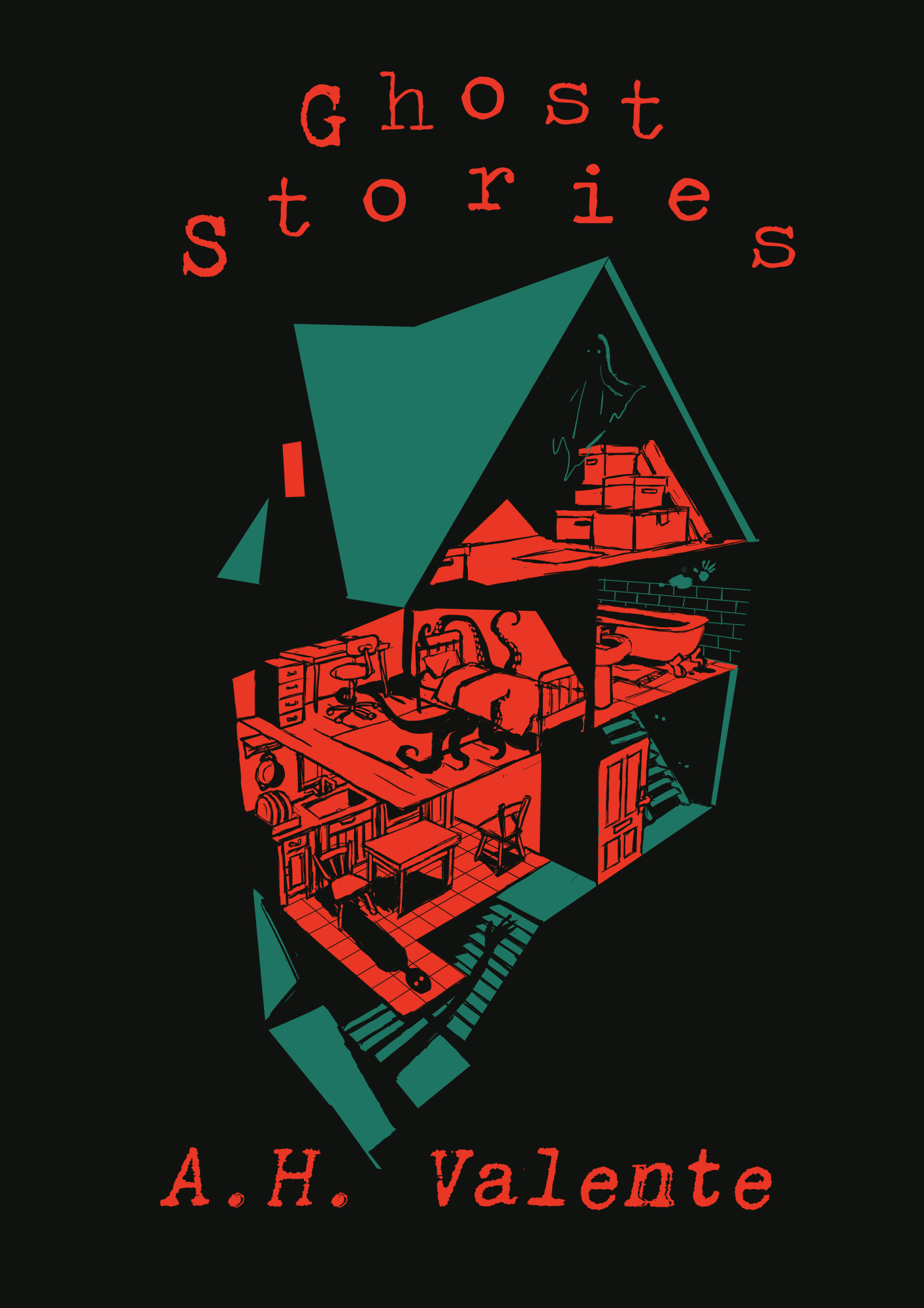 Cover design for Ghost Stories by A.H. Valente. The illustration shows a dollhouse with something spooky happening in each room. There's a ghost in the attic, kraken tentacles in the bedroom, and shadows in the kitchen and basement.