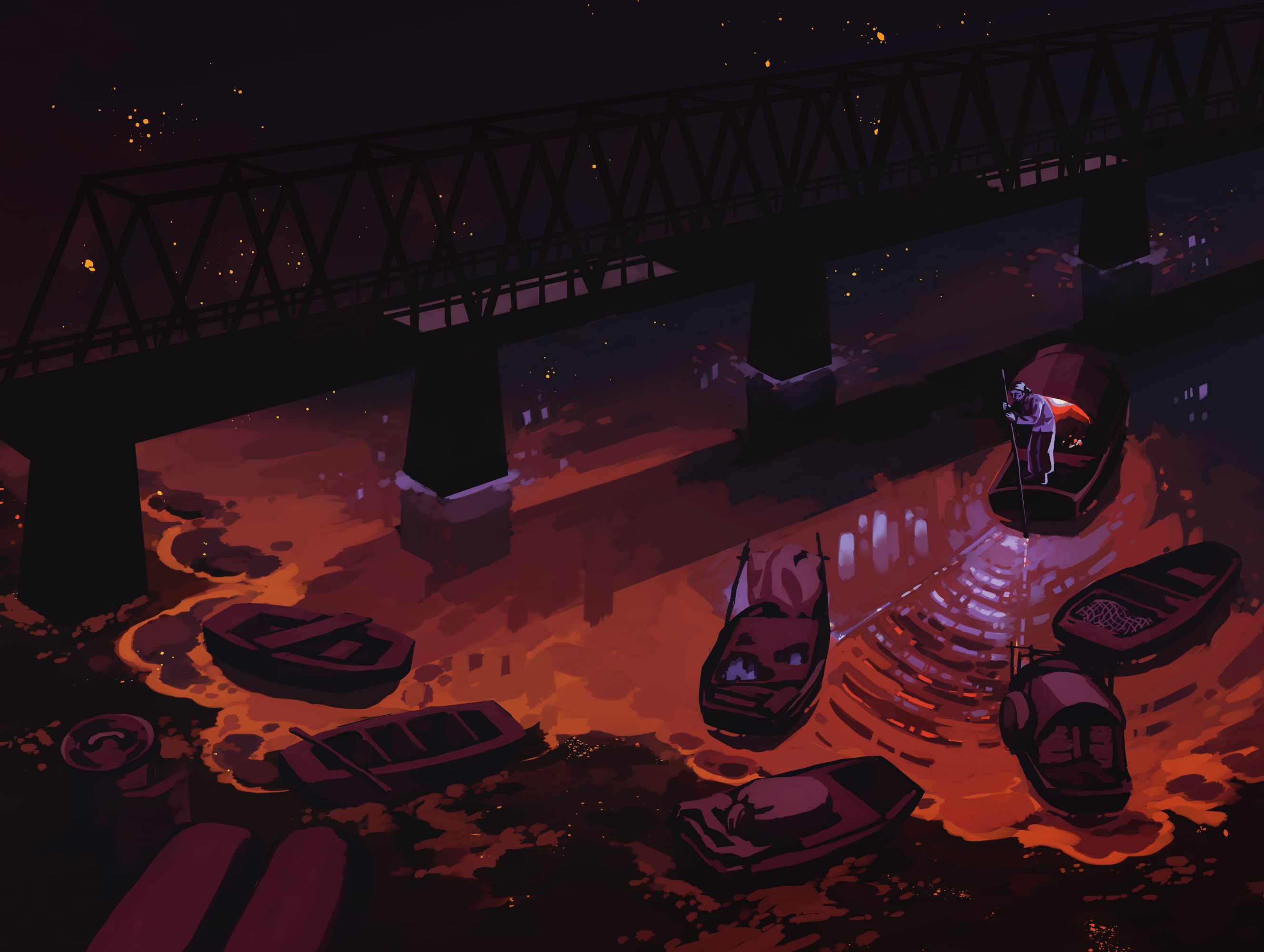 An extended version of the art used on the book cover for Midnight Stories, with the river scene extended and a large bridge visible above the water.