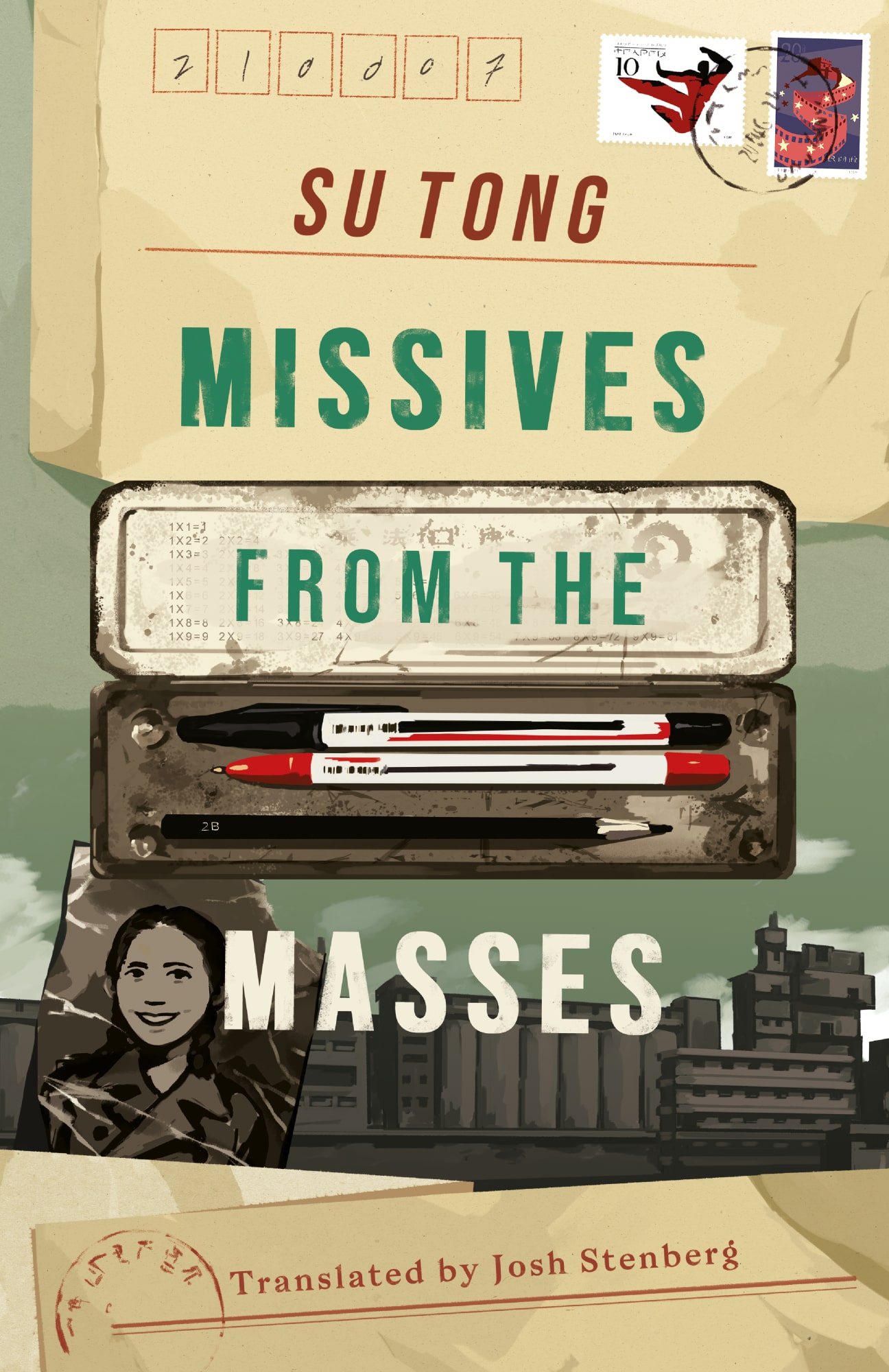 Book cover design for Missives from the Masse by Su Tong, translated by Josh Stenberg. The cover depicts several items arranged - some envelopes, a battered pencil box, and a creased photograph of a smiling young woman.