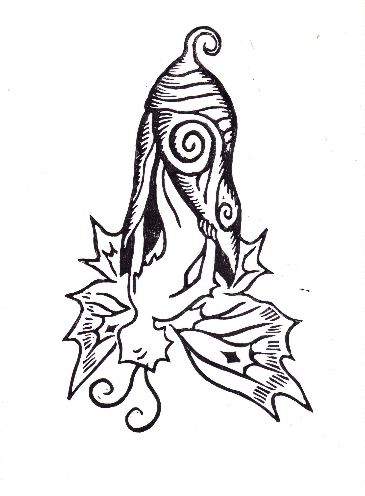 A black and white print of a fairy with butterfly wings emerging upside down from a chrysalis.