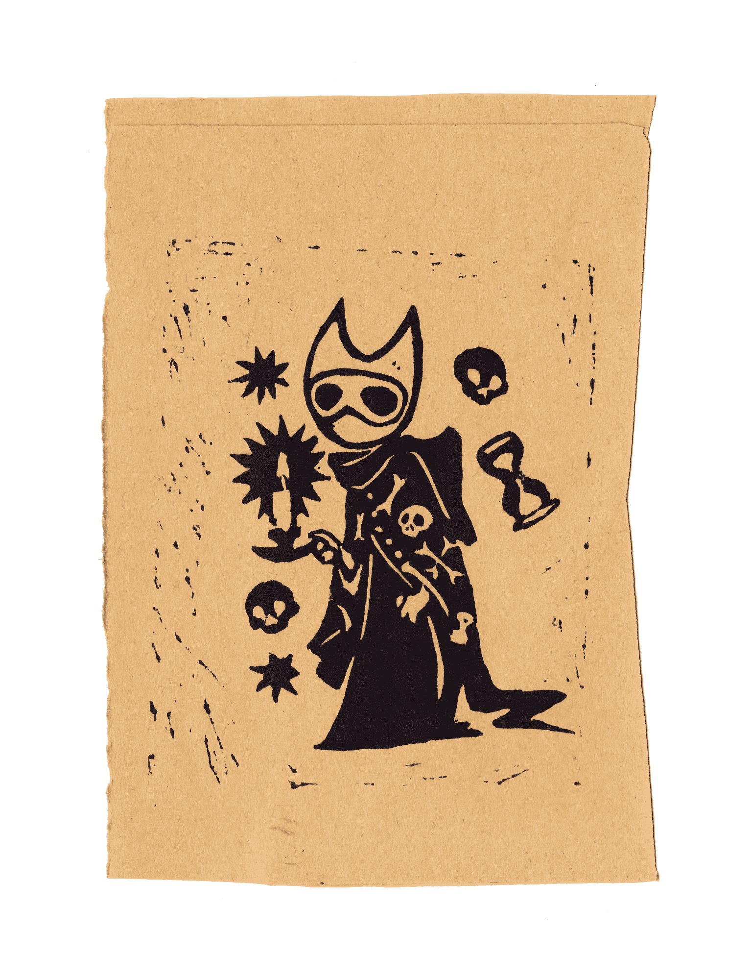 A print on brown paper of a stylised cat in dark robes holding a candle. The cat wears a mask so the eyes are not visible. There are skulls, bones, stars and hourglasses on the cat's robes and around them.
