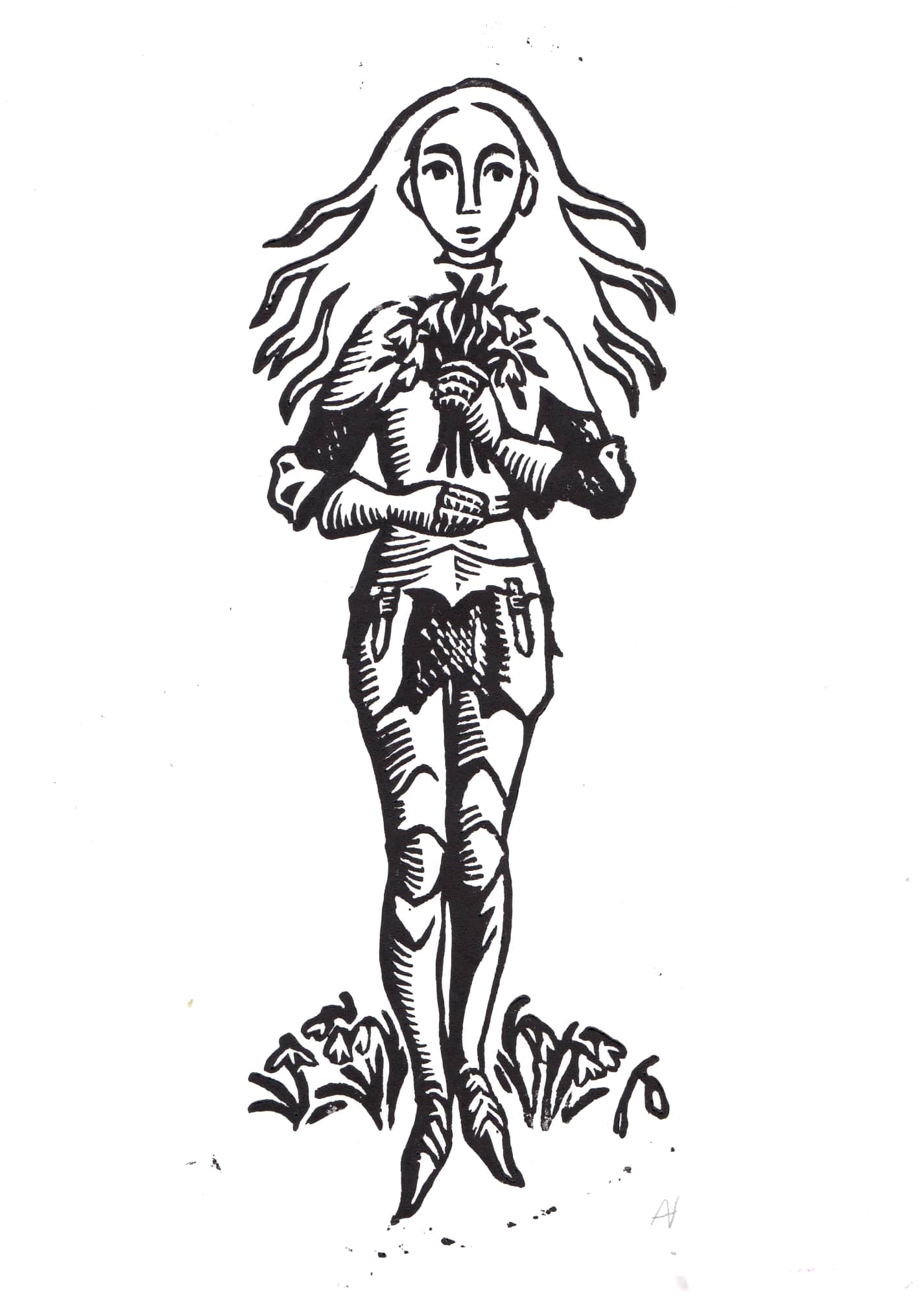 Black and white linocut of a lady knight with pale wavy hair in armour holding a bunch of snowdrops.