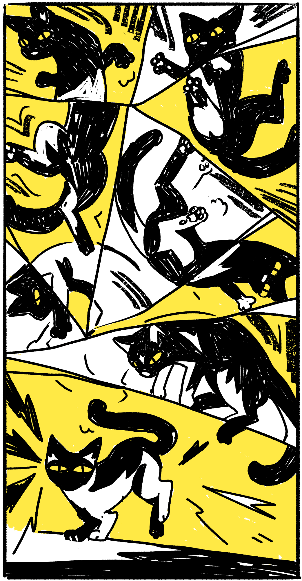 An illustration of a black cat landing after a fall, where 6 frames of the cat's trajectory can be seen. The image is fragmented into sections like a broken mirror. The background and the cats eyes are yellow.