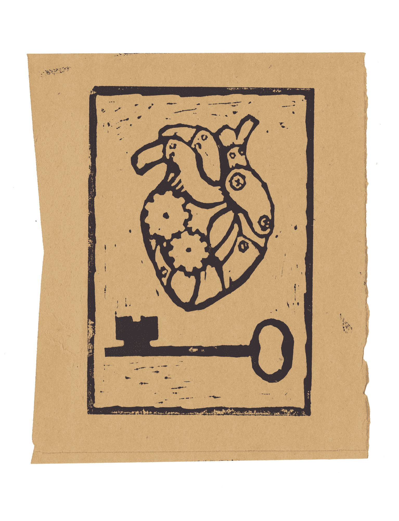 A print on brown paper of a stylised anatomical heart with gears within, and a key below.