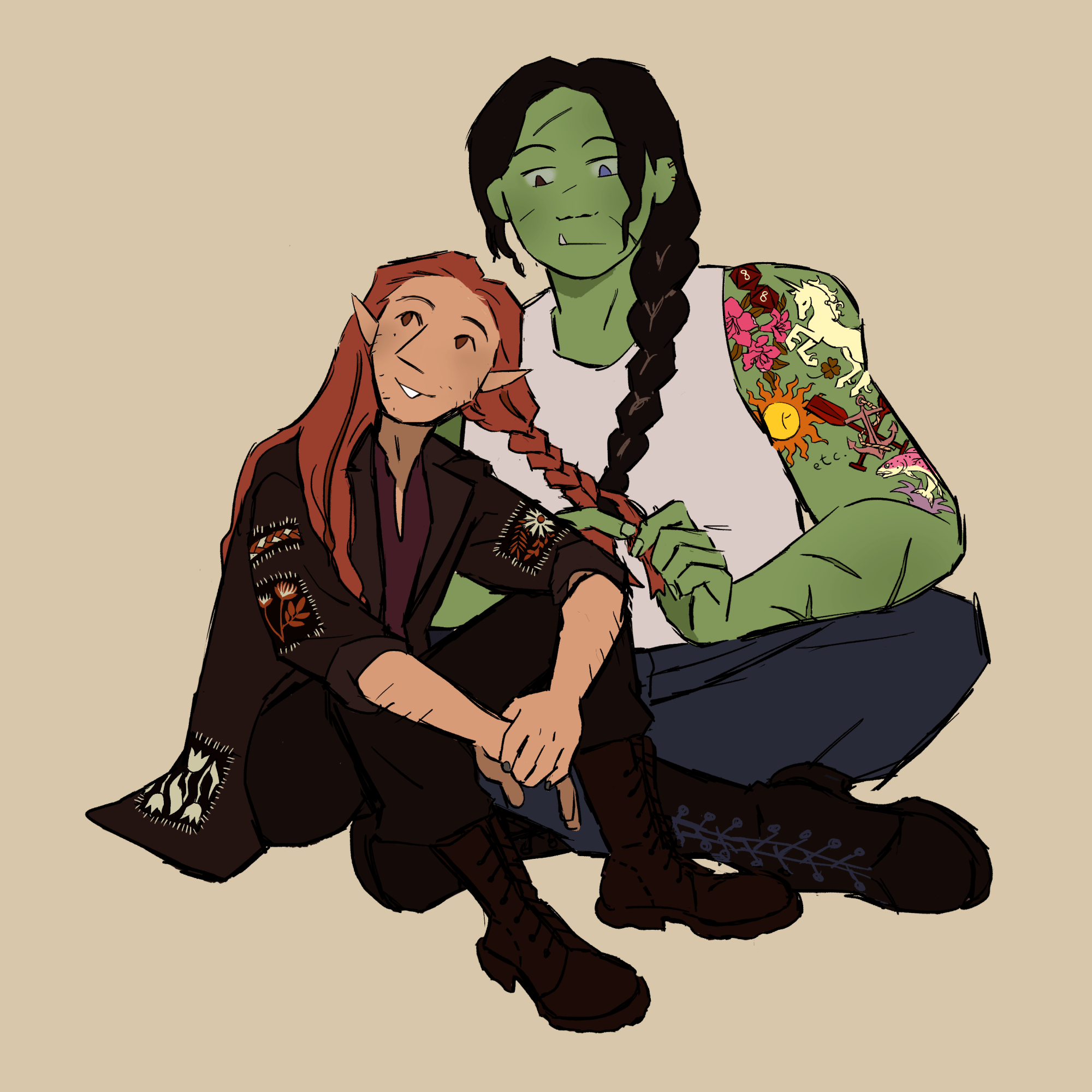 A drawing of two characters, a male elf with long hair wearing a jacket covered in patches, and a green female orc with dark hair and a tattoo sleeve. They are sitting on the floor next to each other. The orc is braiding the elf's hair, which is half done up in twin braids.