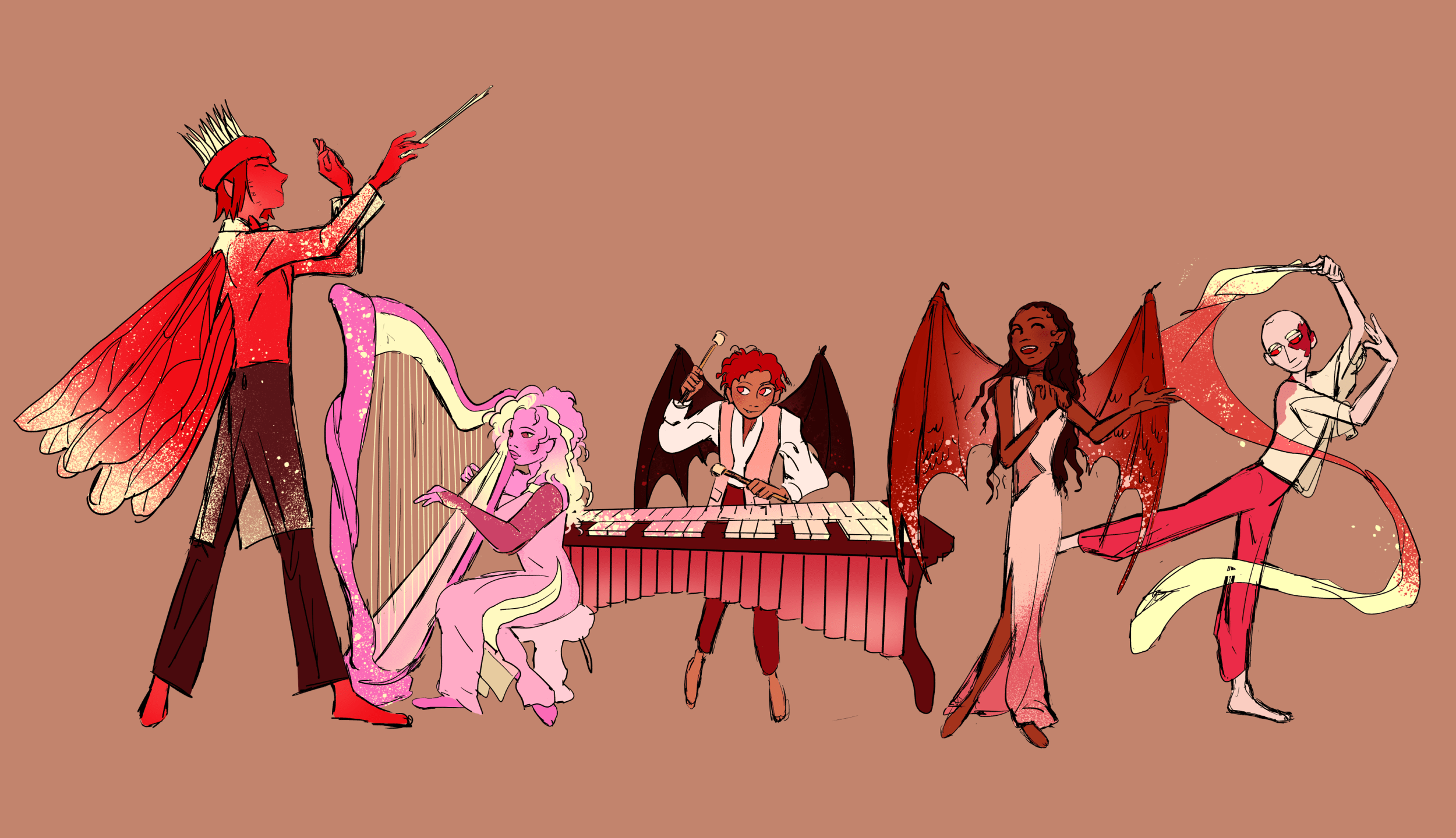 The Red Conductor and his retinue: A tall figure with multiple sets of insect wings, all in red, with a conductor's baton; a pink lady at a pink harp, a xylophone player and a singer, both with bat-like wings and wearing shades of pink and red, and a dancer with a long silk ribbon.