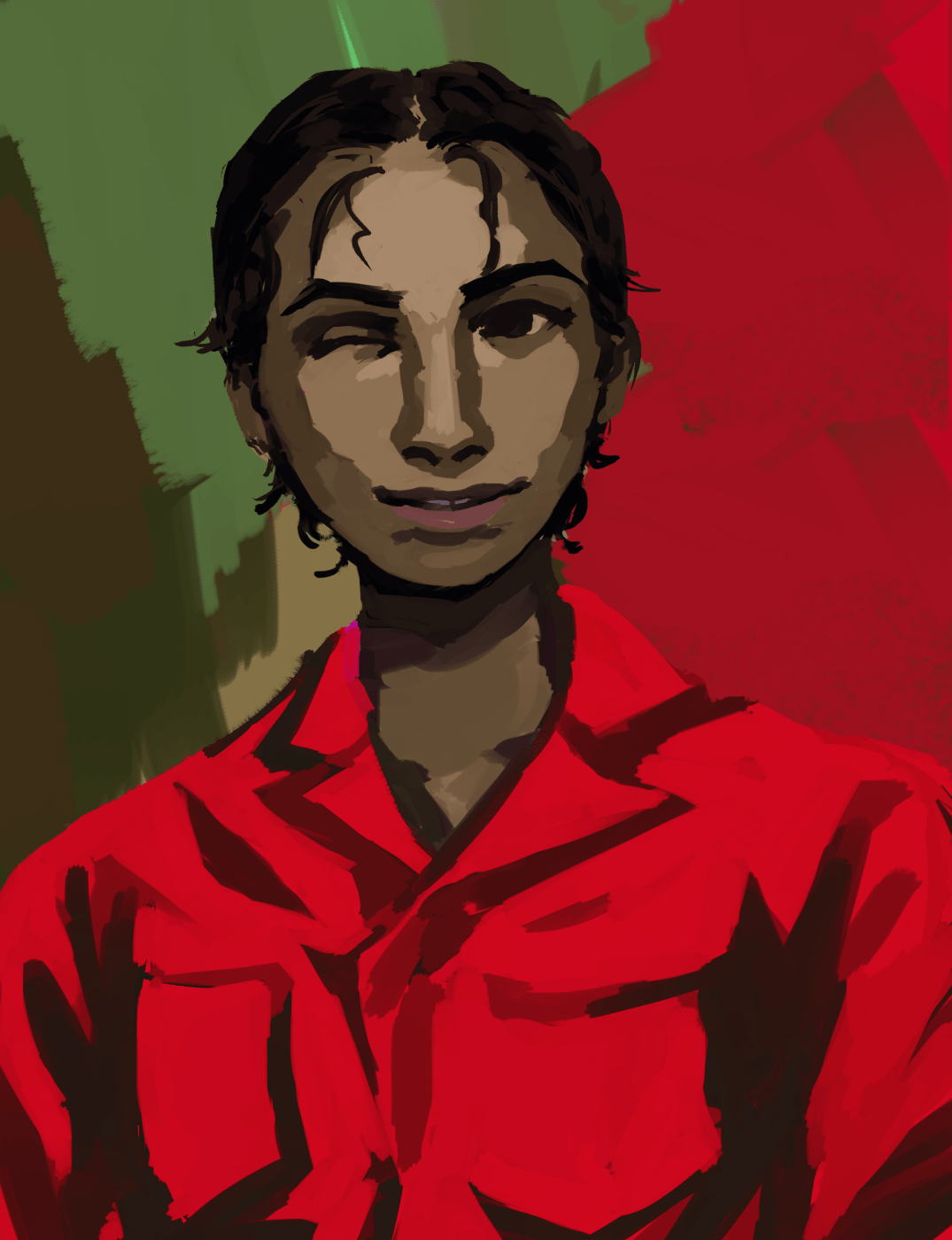 A painted portrait of a brown-skinned woman winking with a smile. She wears a bright red jumpsuit. The background is abstract blocks of green and red.