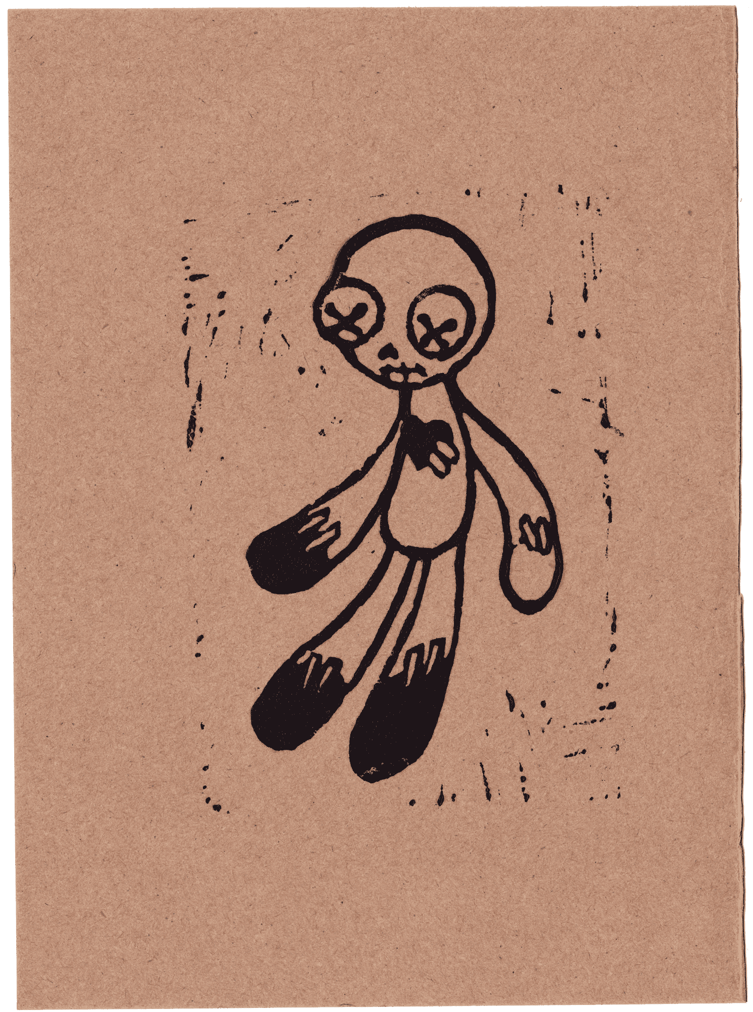 A print on brown paper of a simple ragdoll with visible stitches and buttons for eyes.