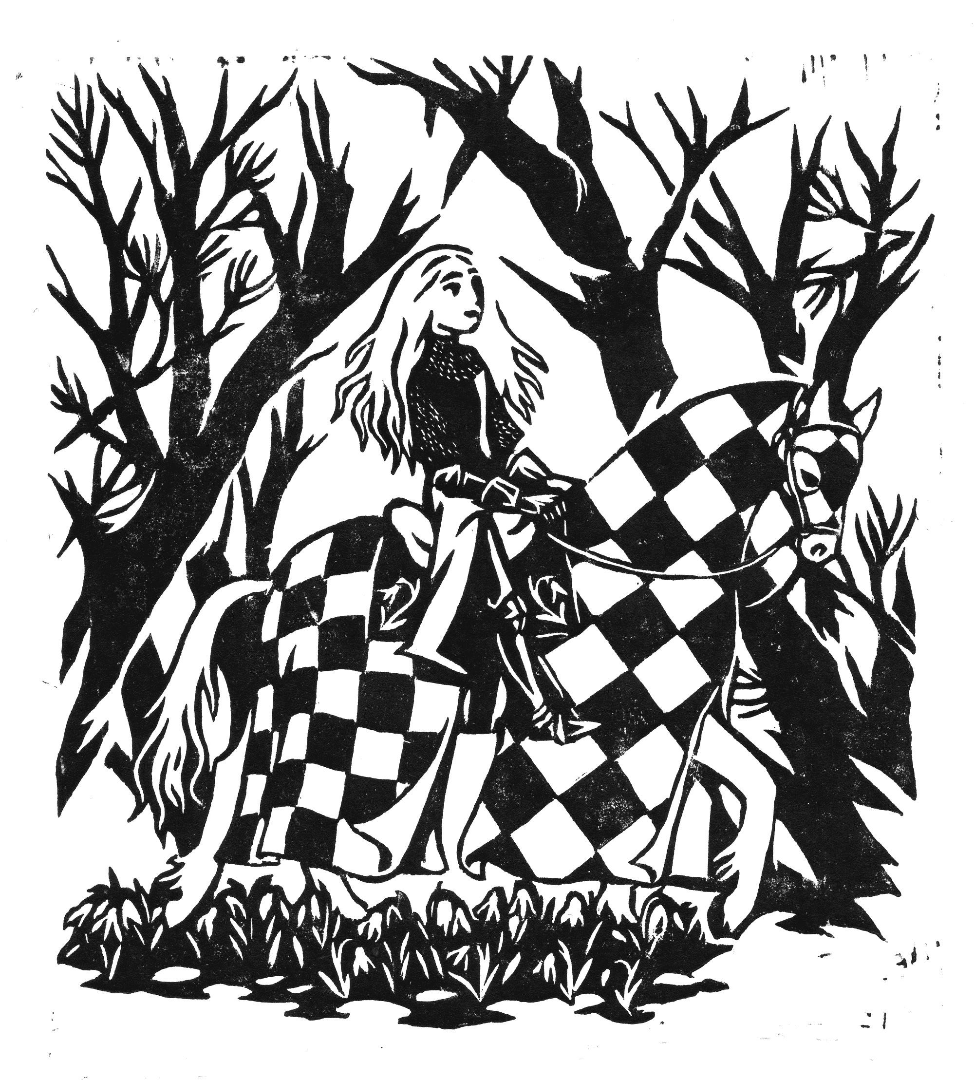 A black and white print of a female knight on horseback riding through a forest. Snowdrops grow in their path.