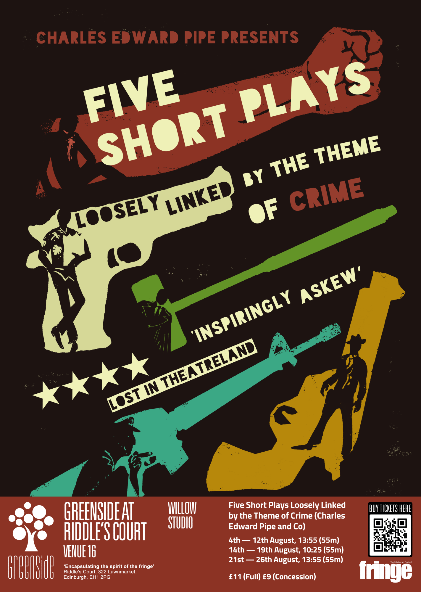 Poster design for Five Plays Loosely Linked by the Theme of Crime. Five weapons are pictured in silhouette (a fist, pistol, croquet mallet, rifle and revolver), each with a figure inside, representing each of the five plays.There is text reading the times, prices and venue of the performances, and a review quote: 'Inspiringly Askew' **** Lost in Theatreland