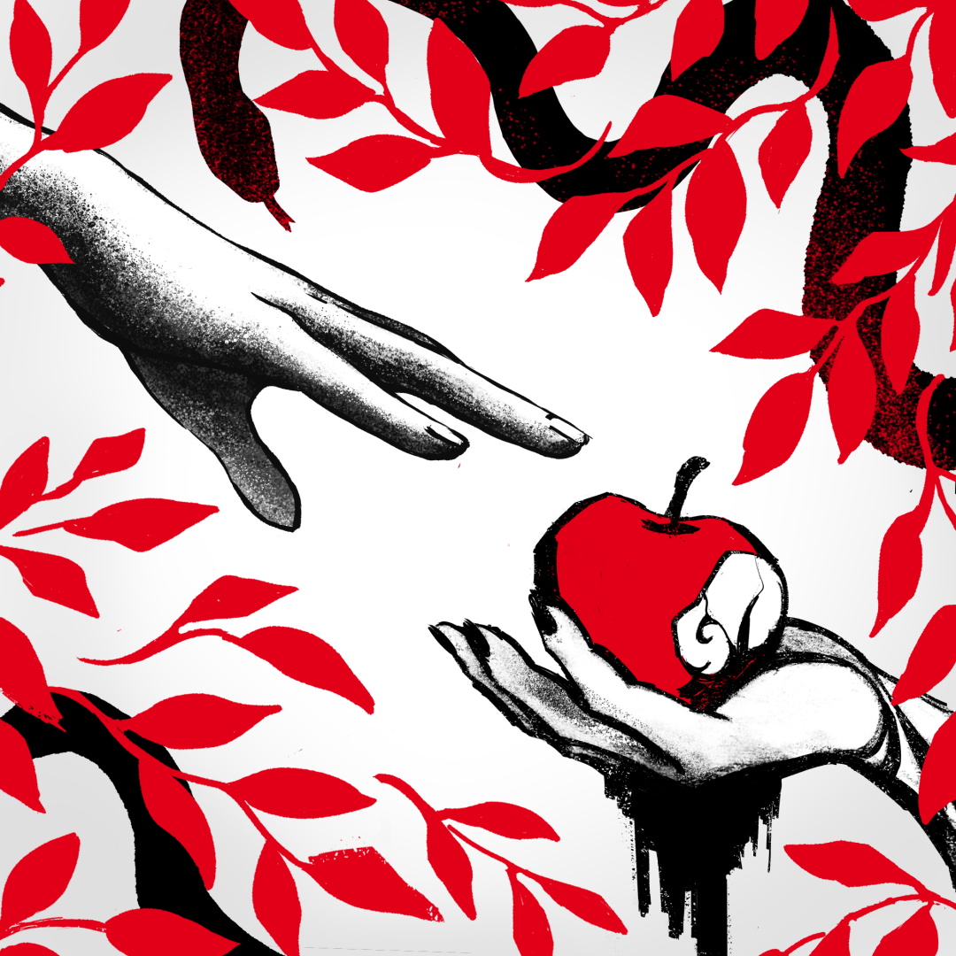 Marketing art for Lilith. Two hands are pictured, one reaching towards the other, which holds an apple dripping with black ichor. Red leaves and a stylised black snake surround them.