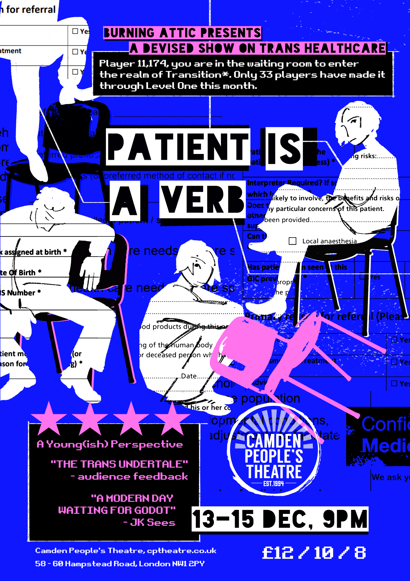 Poster for Patient is a Verb, using the same imagery as the marketing art above. Text box reads: Burning Attic presents a devised show on trans healthcare. Player 11,174, you are in the waiting room to enter the realm of Transition*. Only 33 players have made it through Level One this month. Review quotes read: **** A Young(ish) Perspective, 'The Trans Undertale' - audience feedback, 'A modern day waiting for Godot' - JK Sees. There is a Camden People's Theatre roundel and performance times and prices.