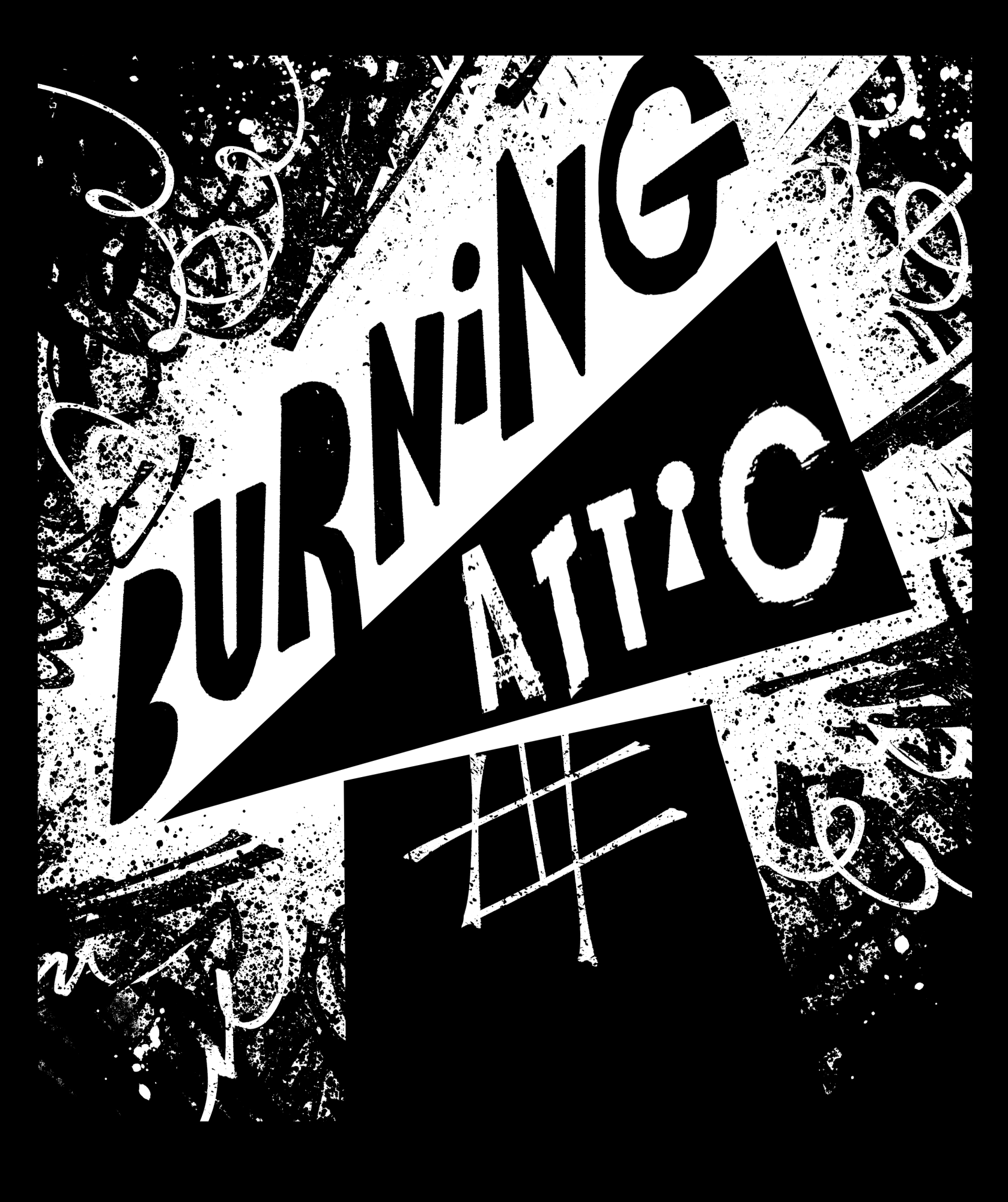 Logo design for Burning Attic. The text looks roughly cut or collaged, overlaid on a sharp geometric house. The 'i' in attic is a keyhole shape. The house is surrounded by a messy black and white explosion.