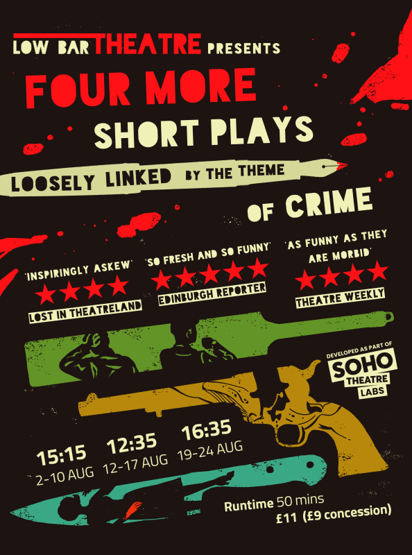 Thumbnail image of a poster design for Four More Short Plays Loosely Linked by the Theme of Crime. Four weapons are pictured in silhouette, some of them with a figure inside, representing each of the four plays. Bright red blood splatters surround them. 