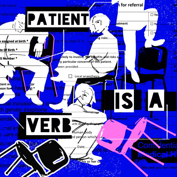 Thumbnail image of a poster design for Patient is a Verb. Several sketchy white figures sit or stand on waiting room chairs, overlaid with a collage of medical forms.