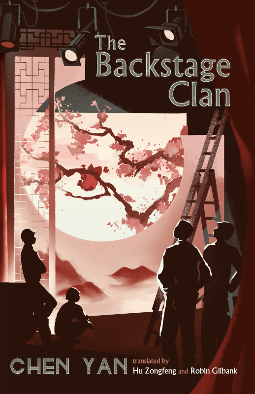 Thumbnail image for The Backstage Clan. The illustration shows a theatre stage with a Chinese opera set, the elements of which combine to evoke a female face. There is a ladder on stage and several backstage technicians in silhouette look on.