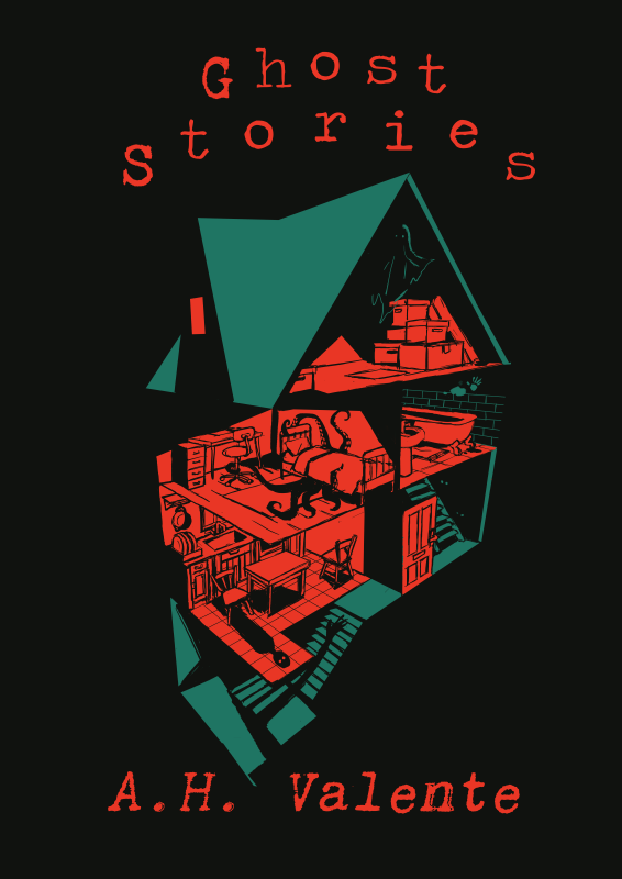 Thumbnail image of the cover design for Ghost Stories. The illustration shows a dollhouse with something spooky happening in each room. There's a ghost in the attic, kraken tentacles in the bedroom, and shadows in the kitchen and basement.