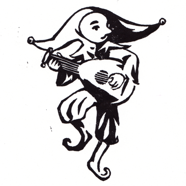 Thumbnail image of a black and white print of a jester playing the lute.