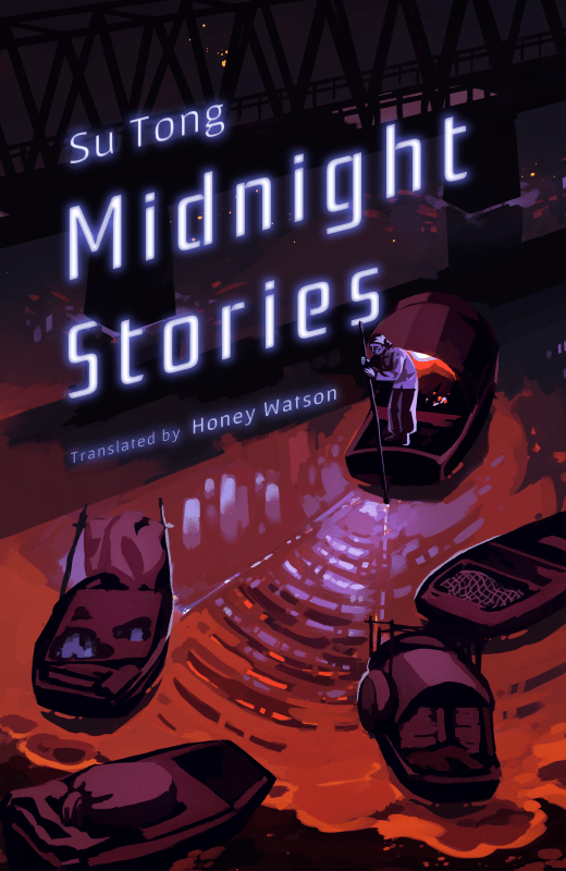 Thumbnail image of the cover design for Midnight Stories. The title is written in glowing white neon text. Behind it is a dark riverbank with boats scattered along the shore, and a boat being pushed out by a small figure.