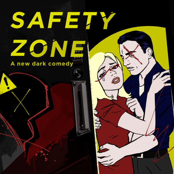 Thumbnail image of marketing art for Safety Zone, showing a heavy door with heart graffiti and a yellow warning sign opening onto a couple depicted in a 1950s love comics/pop art style.